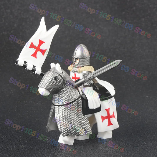MOC Medieval Military Crusader Knight Building Blocks Castle Army Soldier Figure Horse Mount Shield Sword Accessories Bricks Toy