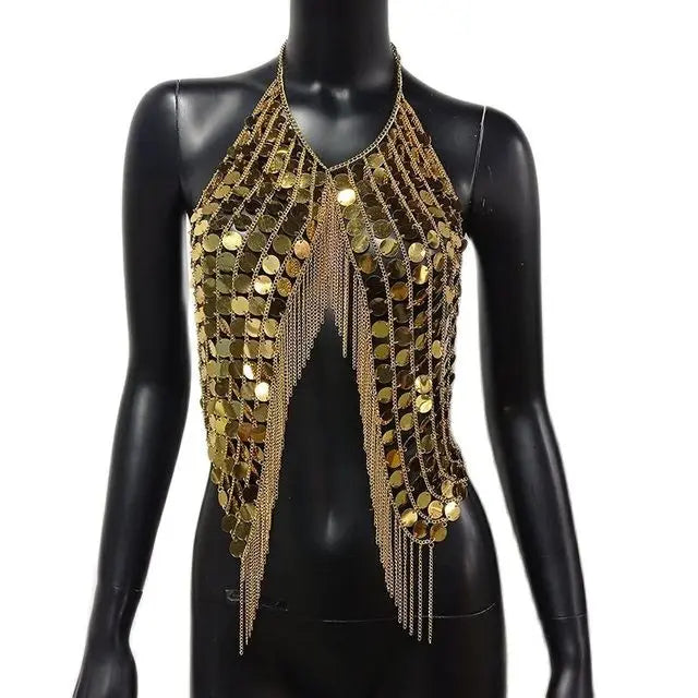 AKYZO Sequined Crop Tops for Women Metal Chain Tassel Nightclub Dance Wear Party Burning Outfits Plastic Tank Top Sexy Festival