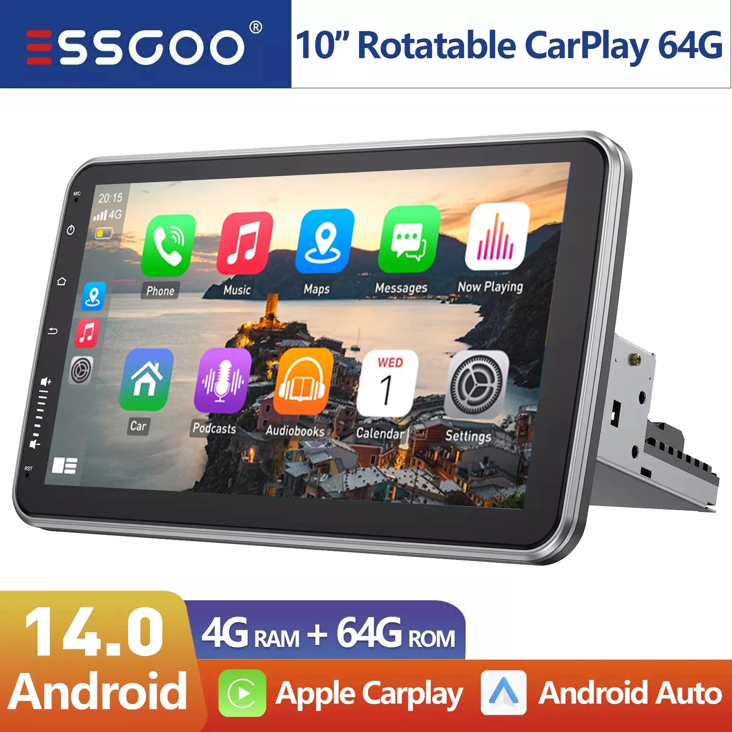 10.1'' 4+64GB 360° Rotatable Single 1DIN Car Stereo Android 14 Carplay WIFI Head Unit FM Radio Bluetooth SWC GPS Navi+DVR&Camera