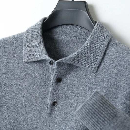 Autumn And Winter 100% Pure Wool Men's Polo Lapel Sweater Loose Large Size Casual Knit Bottoming Shirt