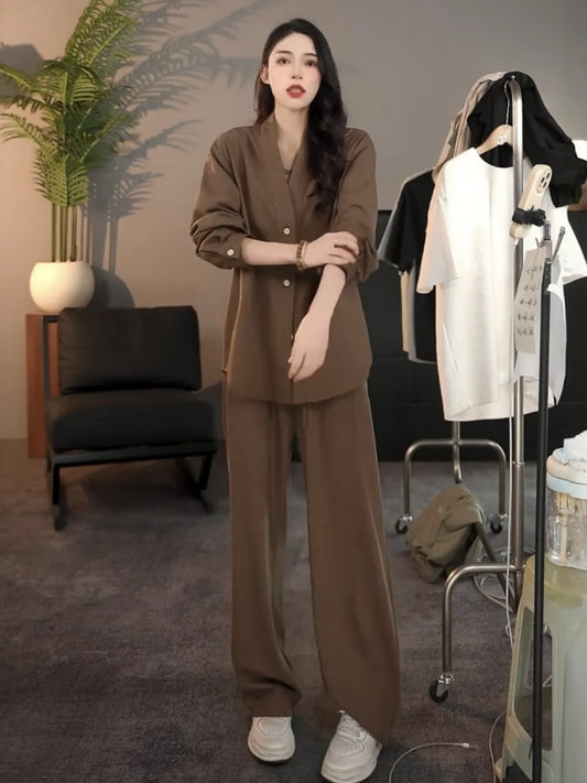 Casual Linen Silk Men Women Set Spring Summer Fashion Straight Leg Pants Long Sleeve Shirt Outerwear Two Piece Set Couple Out...