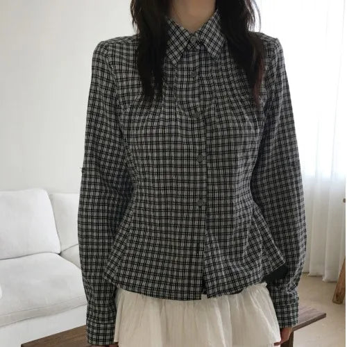 Slimming Plaid Shirt Women's New Chic Spring Vintage Turn-down Collar Waist-cinching Long Sleeve Collar Top Korean Style