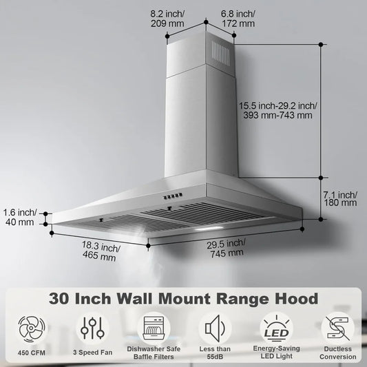 30 inch Wall Mount Range Hood, Ducted/Ductless Kitchen Hood, Stainless Steel, Baffle Filters, 3 Speed Fan, Push Button Control, LED Light