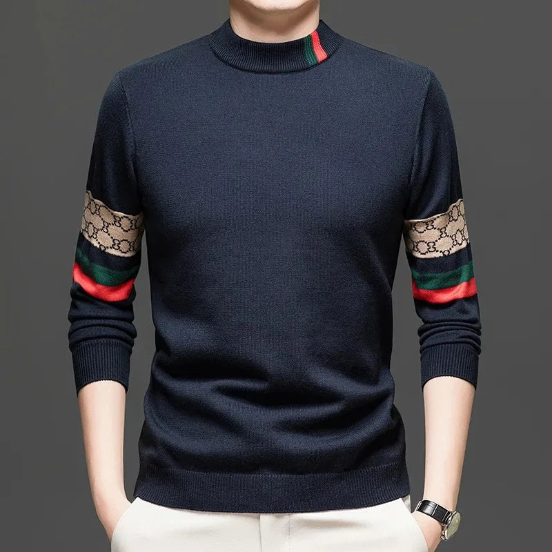 High End Big Brand Semi High Neck Sweater for Men with Thick Velvet and Autumn/winter Fashionable Warm Base Shirt for Men