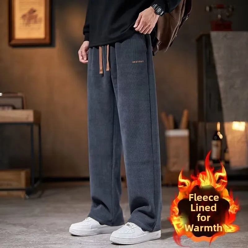 Men's Casual Thickened Fleece Lined Corduroy Straight Leg Loose Fit Autumn Winter Fashionable Brand Pants Leisure Trousers