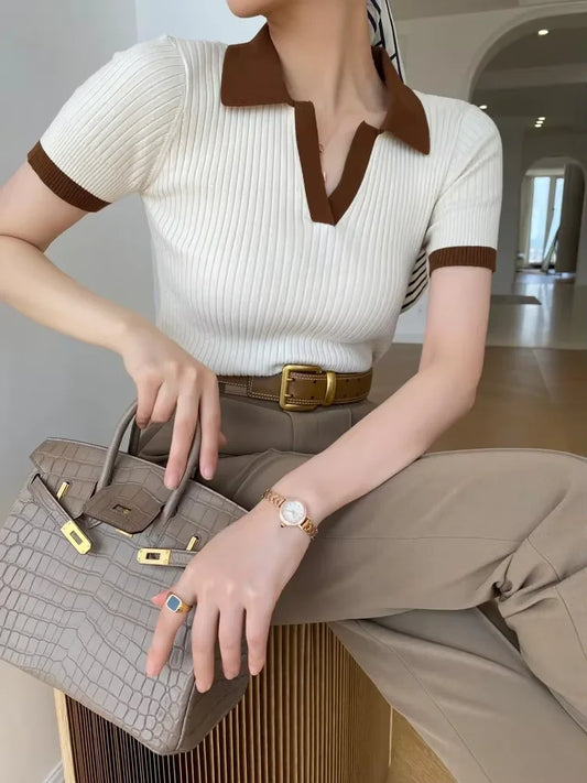 Female Spring Slim Knit Tee Summer Women's T-shirt Polo Collar Short Sleeve Fashion Blouses White Skinny Casual Women Tank Top