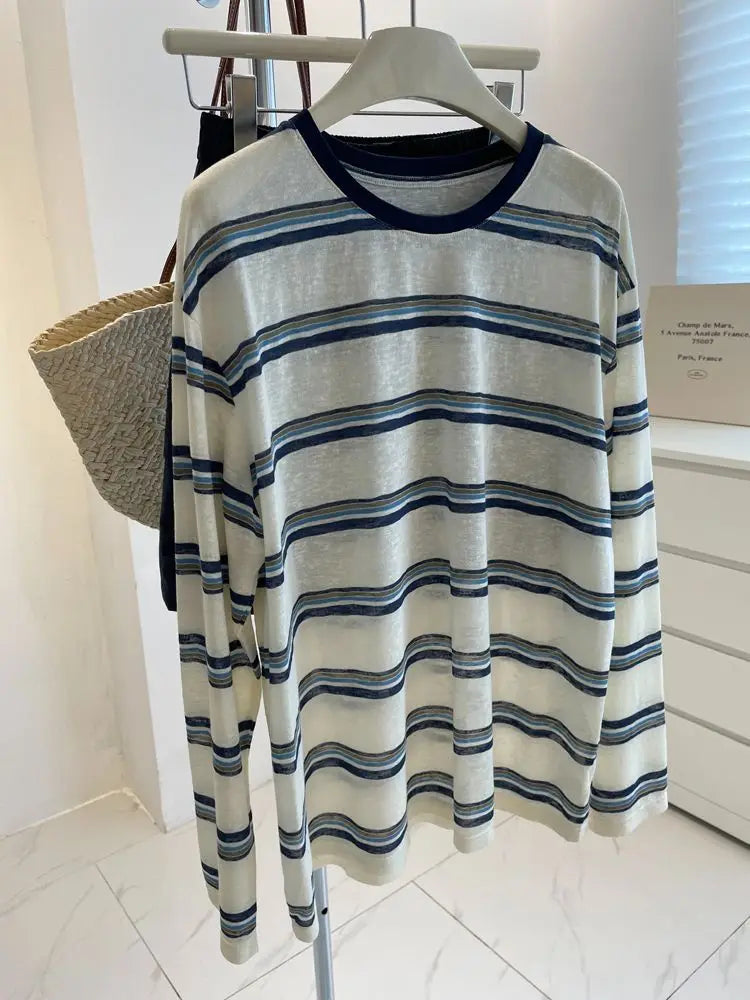 plus Size Women's Striped Long Sleeve T-Shirt Summer New Style Slimming Meat Covering Casual Loose Fit Printed Sweat Wicking