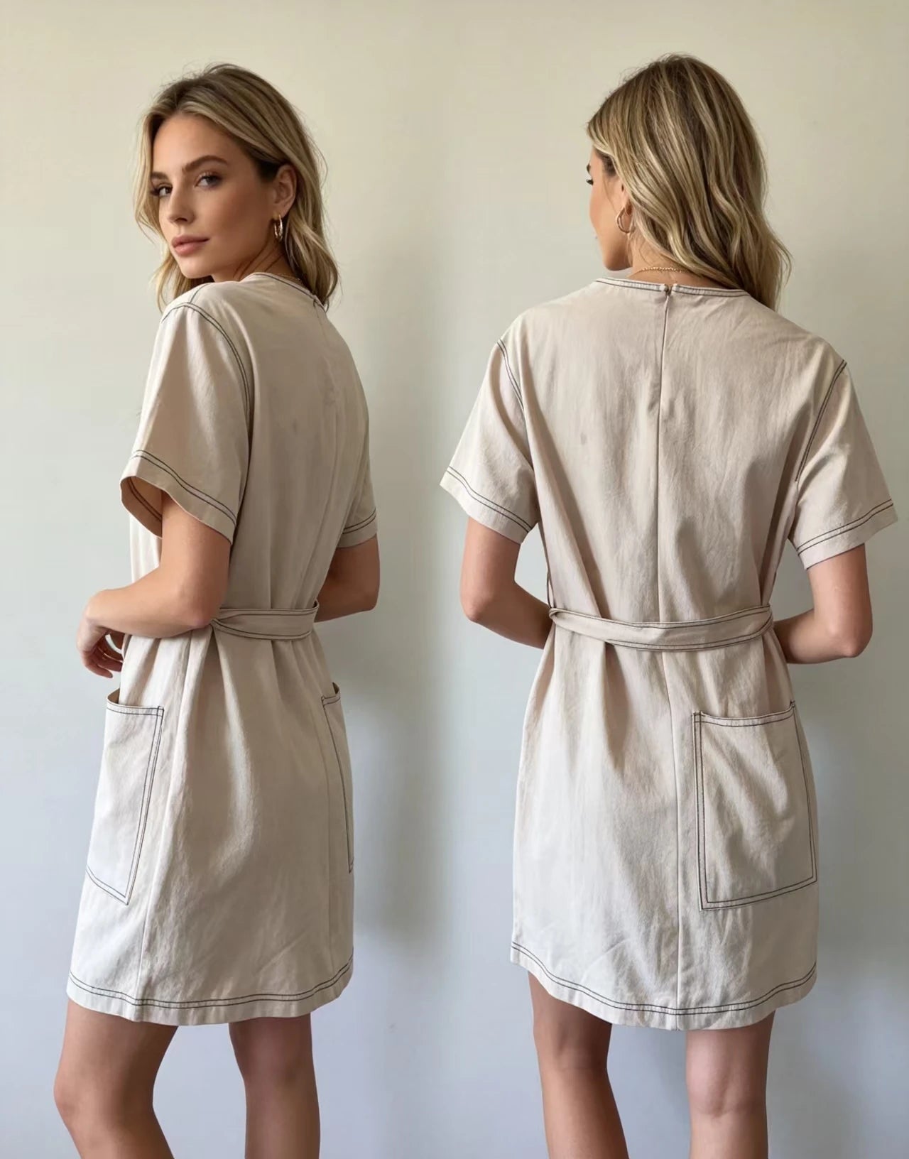 fenggejiwo women's casual pure cotton crew neck dress with waist tie dress