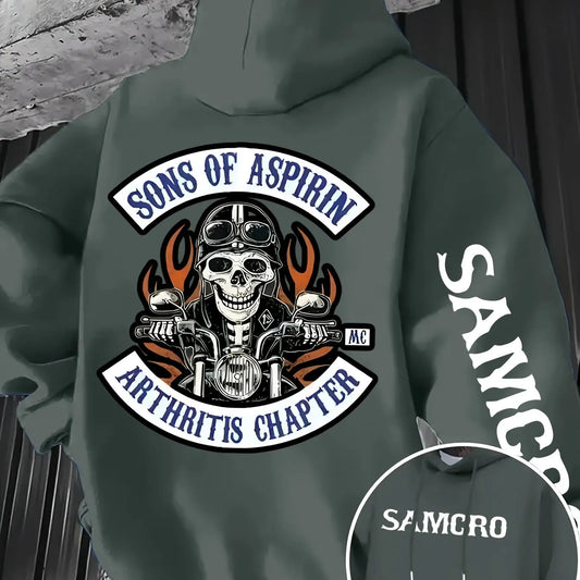 Men's Gothic Patterned Hooded Sweatshirt with Skull and Motorcycle Pattern on The Back Pullover Hoodie for Autumn and Winter