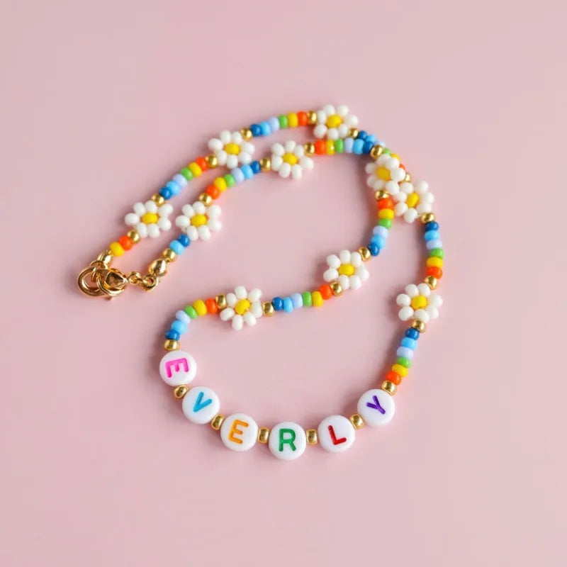 Custom Name or Word Necklace Handmade Colorful Daisy Necklaces Unique Personalized Rainbow Gift Gift for Girls Glasses Chain