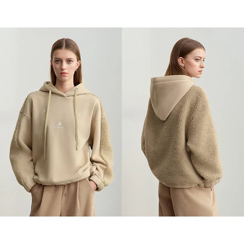 Amii Drawstring Hooded Splicing Imitation Lamb Wool Sweatshirt Embroidered 2024 Winter Women's Loose Thermal Tops 12444131