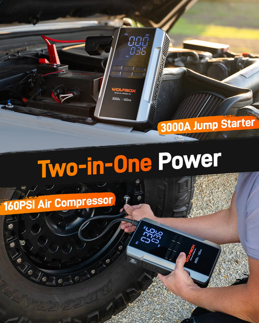 WOLFBOX 3000A Jump Starter with Air Compressor, 16000mAh&160PSI Portable Car Battery Jump Starter with 65W Fast Charge