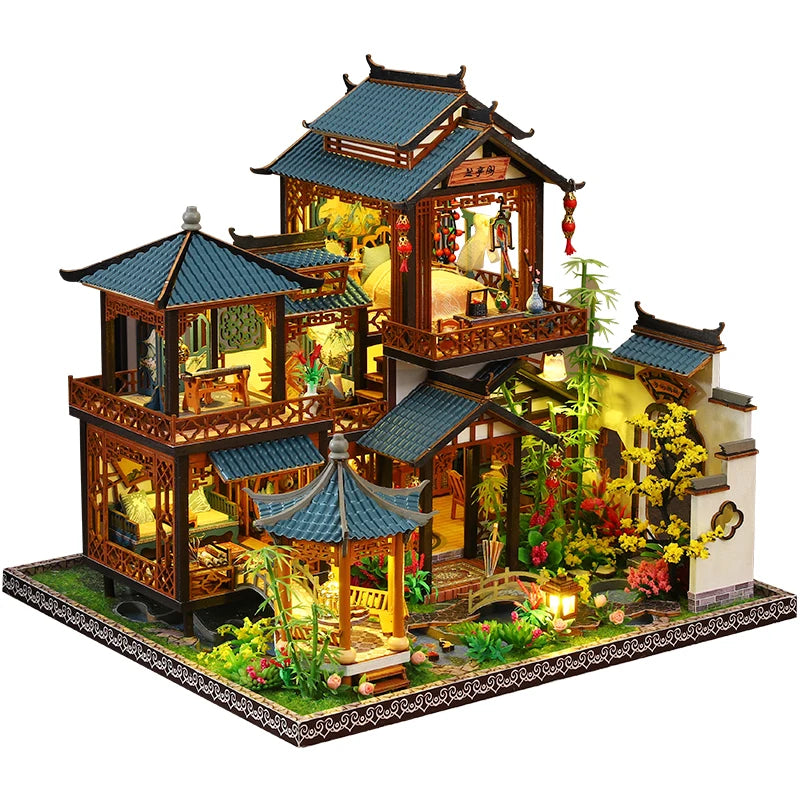 Diy Wooden Chinese Ancient Villa Miniature Building Kits Doll Houses With Furniture Casa Dollhouses For Friends Birthday Gifts
