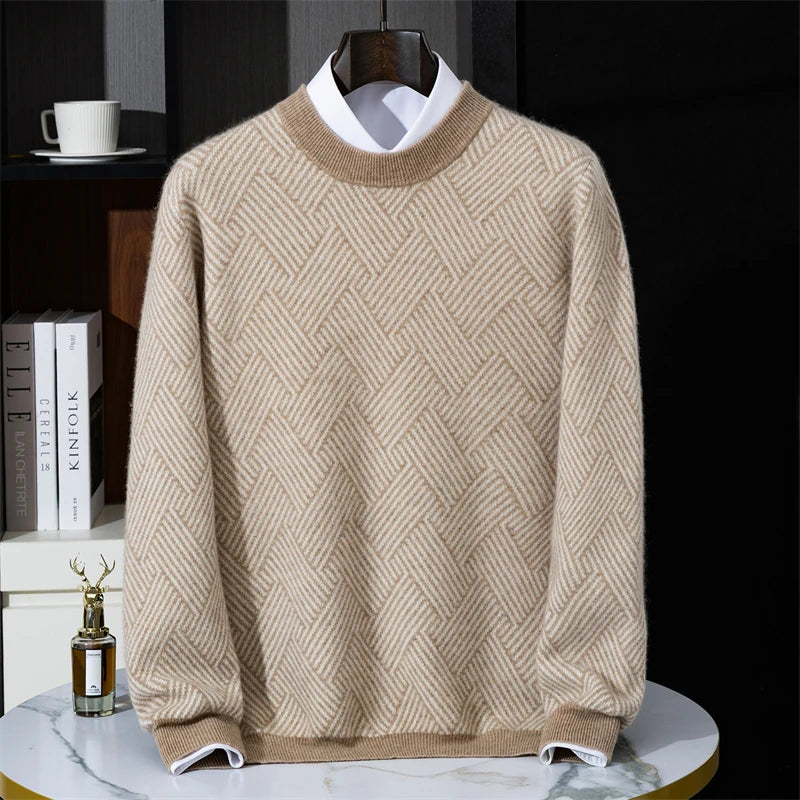 Autumn and winter new thick 100% pure cashmere men's round neck jacquard loose color matching leisure sweater cashmere sweater
