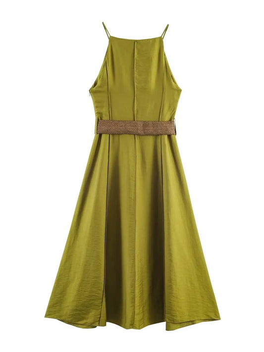 Spring Summer New Arrival Women's Long Line Stitch Decoration Collar Belted Midi Strap Dress Casual High Waist Polyester Fibe...