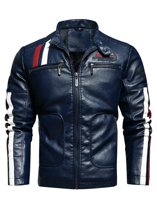 Men's PU Leather Motorcycle Racing Suit Color Embroidered Jacket with Cotton Inner for Racing
