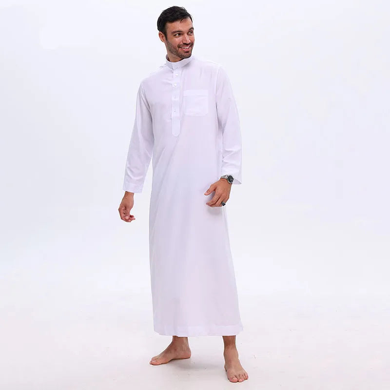 Islamic Men's Clothing White Long Sleeve Loose Muslim Long Robe Man Abaya Arab Kaftan Button Stand Collar Thobe Jubba
