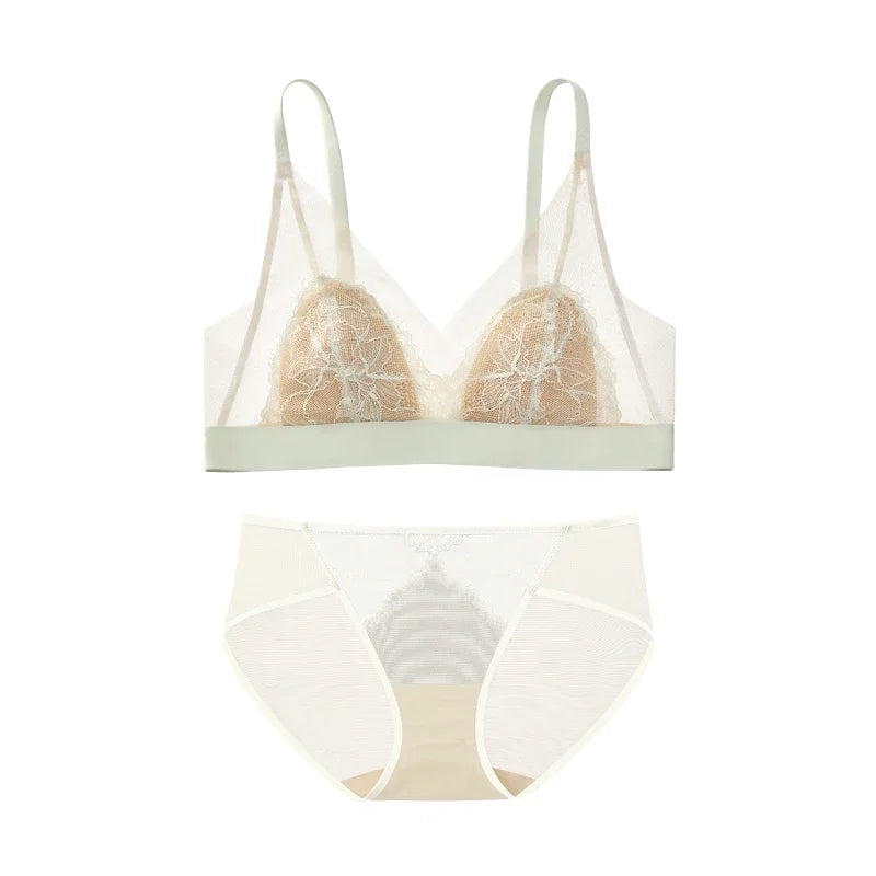 SUJIIN Women's Bra and Panty Sets Summer Seamless Wireless Lace Thin Triangle Cup Bras for Women Lingeries Sexy Hot MX292+N197