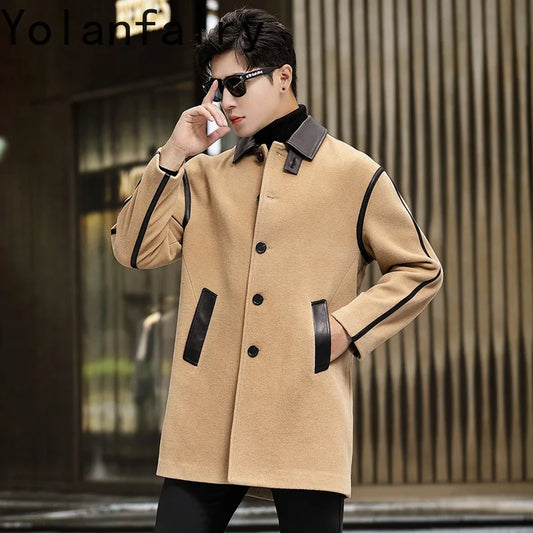 YOLANFAIRY Luxury Woolen Overcoat for Man Autumn Winter Mid-length Lapel Pure Wool Spliced Sheepskin Trench Coat Trend Jacket