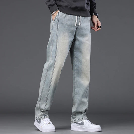 Autumn Winter Blue Jeans Men Drawstring Elastic Waist Cotton Cargo Denim Pants Work Fashion Thick Trousers Male Plus Size M-4XL