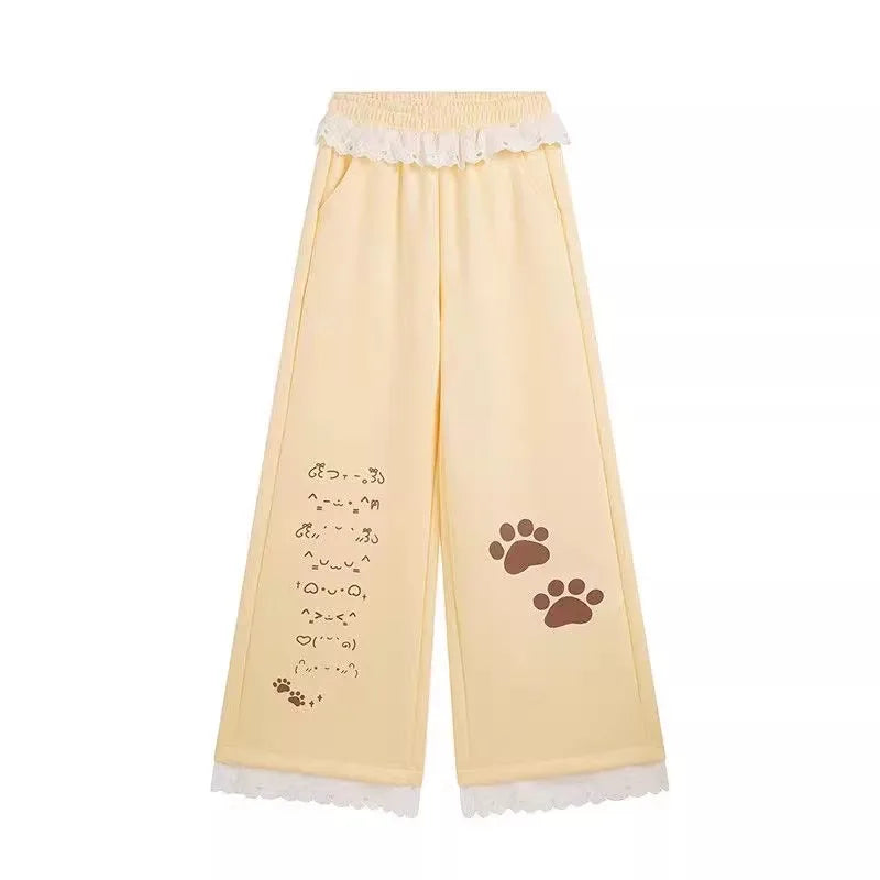 Sweet Cartoon Print Wide Leg Pants Women's High Waist Straight Lace Splice Casual Sports Sweatpants Breathable Cotton Blend