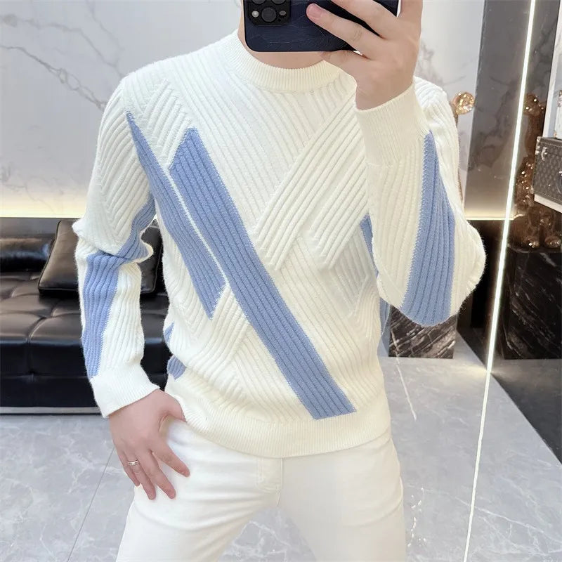 Men New Winter Knitwear Mixed Colors Long Sleeve Thicken Warm Woolen Sweater Mens Slim Fit O Neck Fashion Pullover Knitted Tops