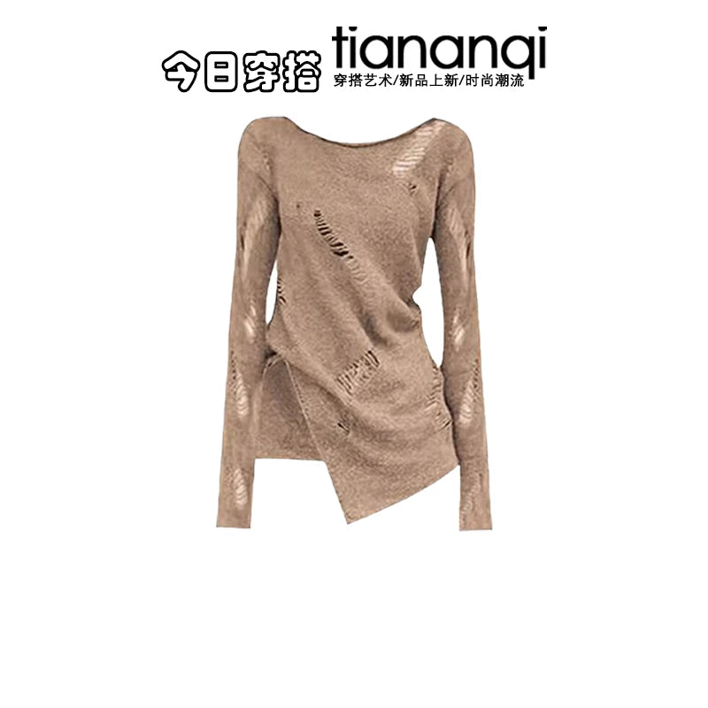 Fall Travel Set Women's Vintage Spicy Hollow Knitted Top with Mellerd Asymmetrical Skirt Two-Piece Set Casual Style