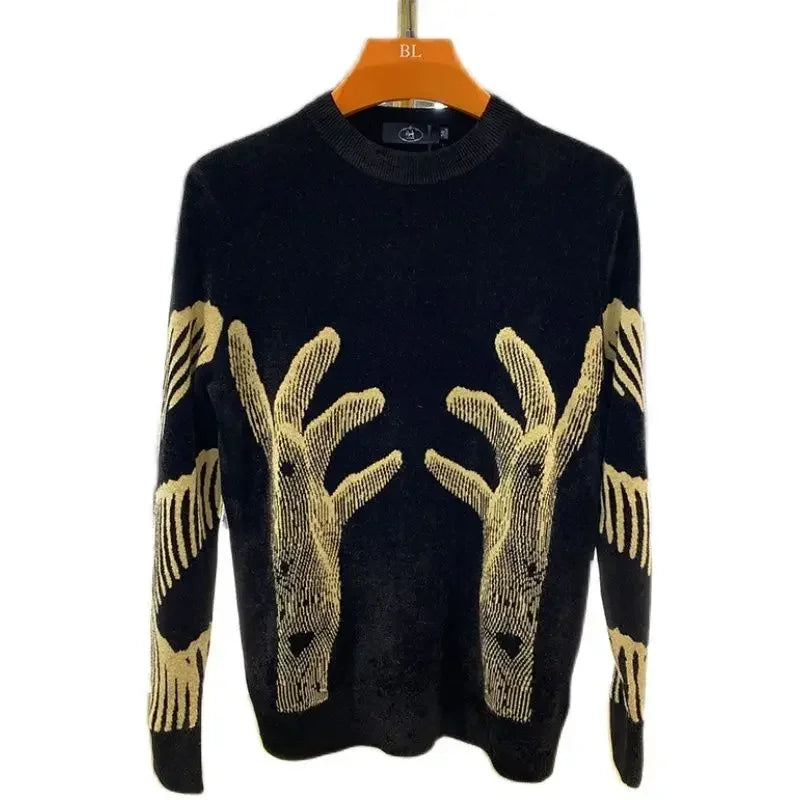 Men's Clothing Crewneck Hippie Graphic Black Pullovers Knit Sweater Male Round Collar Warm Korean Style Elegant Maletry Fun Old