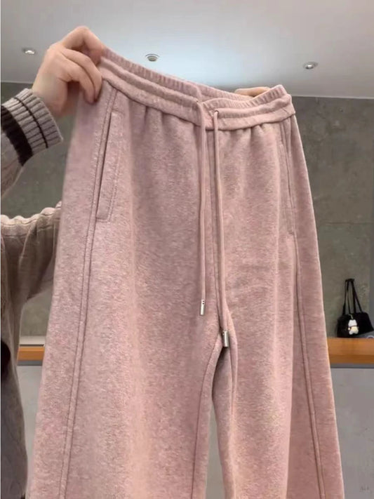 Pink Soft Fleece Lined Knitted Casual Pants Women's Autumn Winter Warm Slimming Drapey Drawstring Loose Fit Straight Leg Trou...