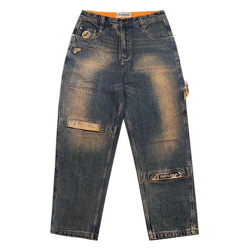 Acusa Heavy Duty Washed Casual Jeans Men's Autumn Winter Wide Leg Pants Thick Denim Youth Fashion Straight Cut Loose Fit