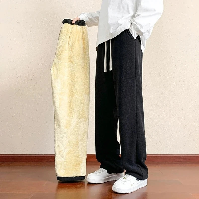 Men's Outdoor Velvet Lining Trousers Winter Jogger Sweatpants Solid Color Baggy Thickened Winter Fleece Loose Sports Warm Pants