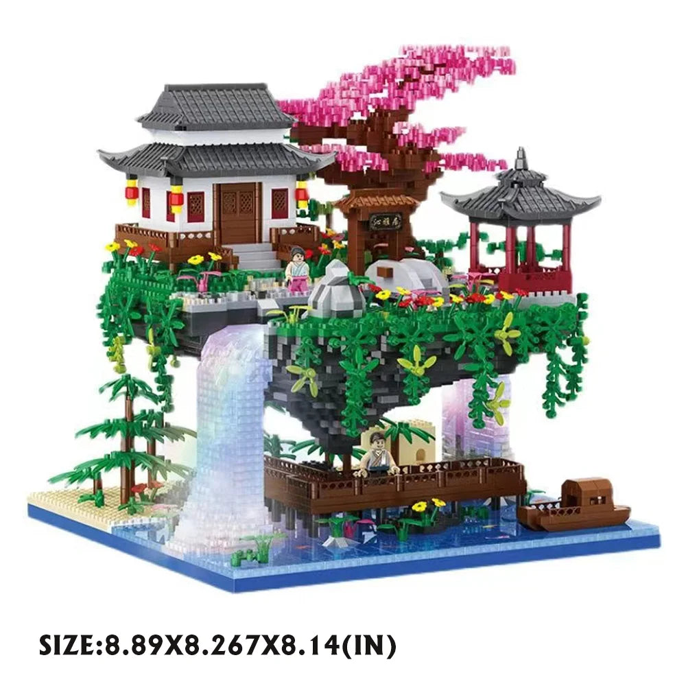 MOC Mini Building Block Set Peach Blossom Pool Chinese Architecture Cherry Bonsai Japanese Cherry Tree House Lantern Gift Toy