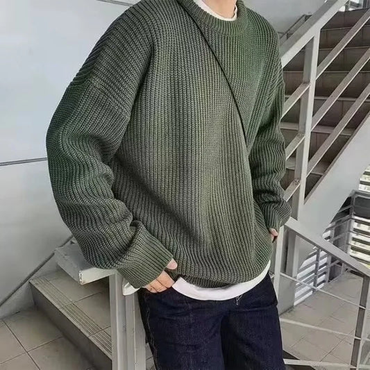 Autumn and winter loose shoulder sweater for young men Japanese retro pineapple needle jacquard lazy round neck knit sweater