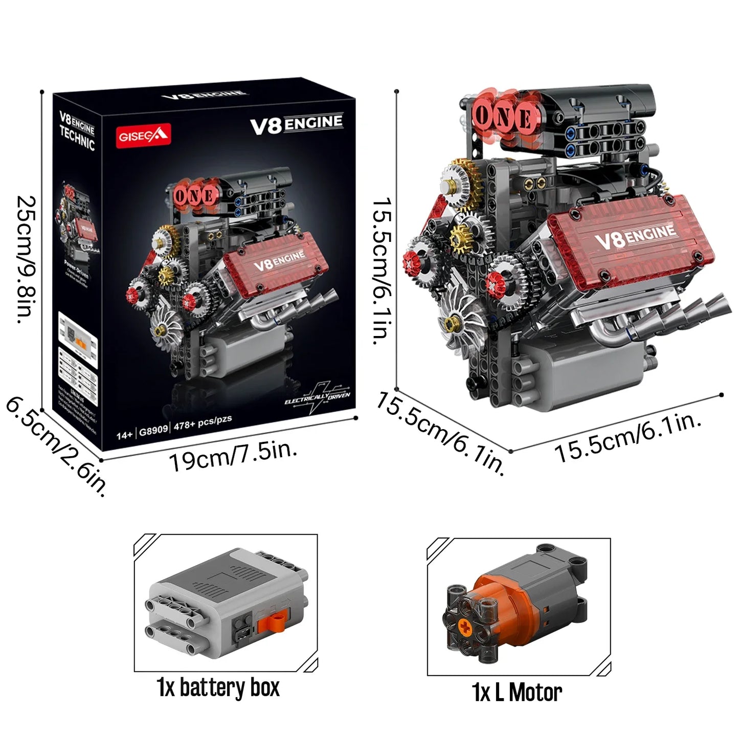478PCS V8 Engine Building Block with L Motor Battery Case Box Car Model Technical Assembly Bricks Educational Toys Birthday Gift