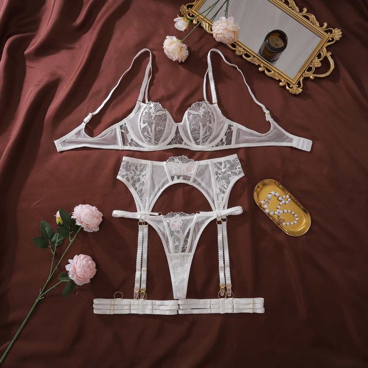 Fashionable see-through shaping mesh flower lace gathering slimming shaping sexy underwear patchwork four-piece set