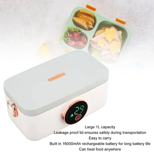 1L Capacity USB Rechargeable Portable Wireless Lunch Warmer Box Electric Cordless for Office Travel Car LED Display Type-C