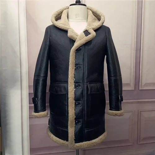 YOLANFAIRY Original Natural Leather Fur Coat Men Long Hooded Sheepskin Real Fur Coat Genuine Leather Jacket Men's Winter Jacket