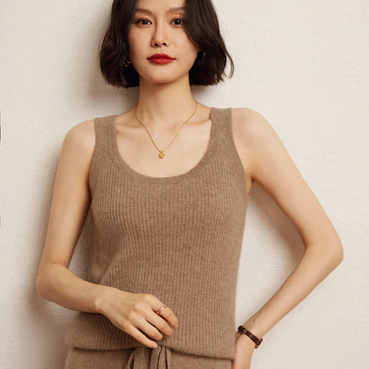 New Women Sexy 100% Cashmere High Elasticity Vest Crop Fashion Tops O-Neck Tank Soft Warm Ladies Knit Camisole Basic Bottom Vest