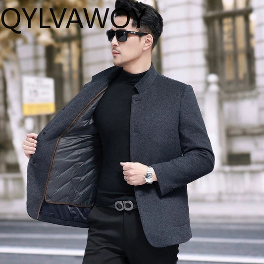 QYLVAWOY Men's Wool and Trench Coats Man Jacket Cashmere Stand Collar Jackets Goose Down Liner Thicken Clothes for Man High-end