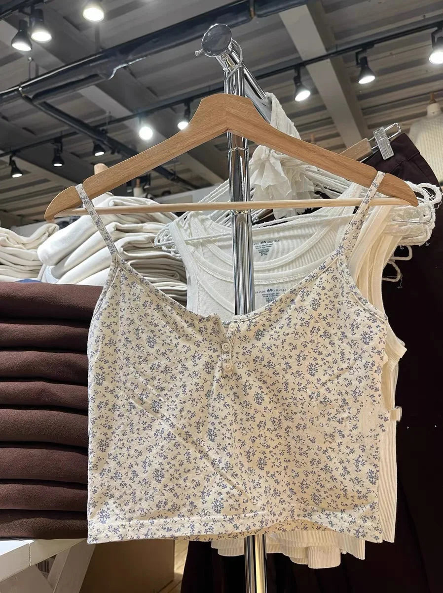 Lace Trim Buttons Solid Tank Top Women U Collar Sleeveless Cotton Slim Camis Sweet Chic Casual Preppy Style Vest Crop Tops Y2k