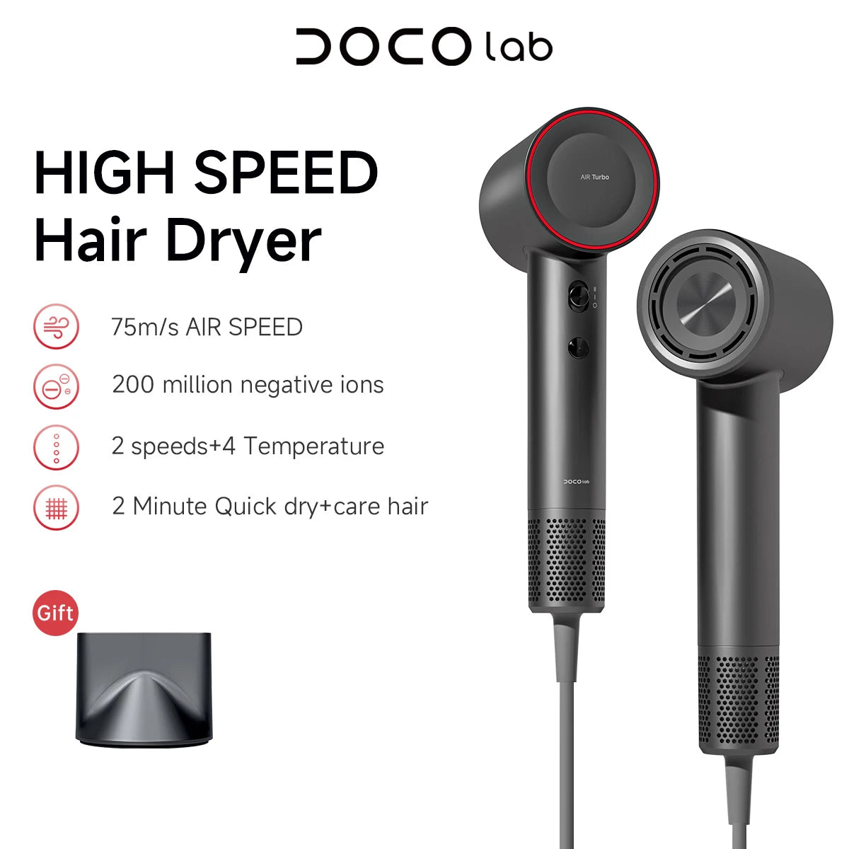 DOCO Hair Dryer High Speed 600 million Negative Ions Hair Care Professional Lightweight Home Travel Gift 110000 Rpm