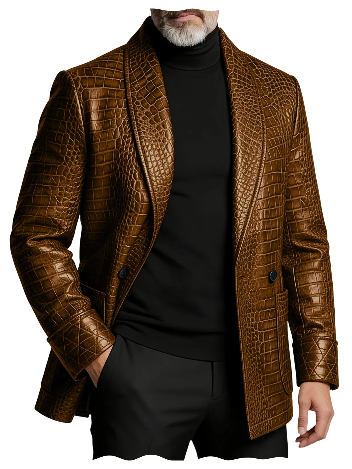 Men's Crocodile Embossed Leather Blazer Double Breasted Business Casual Brown Jacket Office Wear Formal Plus Size Suit Coat