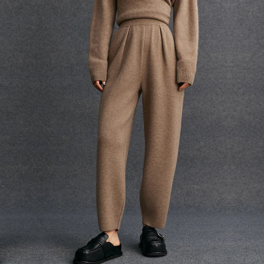 Women's 100% Cashmere Casual Solid Color Knitted Jogging Pants Elastic Waist Sports Pants with Pocket Thickened Warm