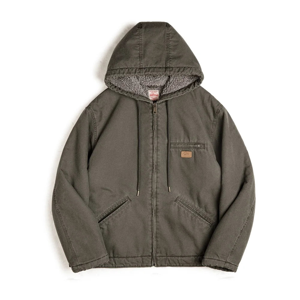 Maden Retro J141 Active Hooded Jacket Solid Color Sherpa Fleece Cotton-padded Coat with Velvet Warm Canvas Outerwear for Men