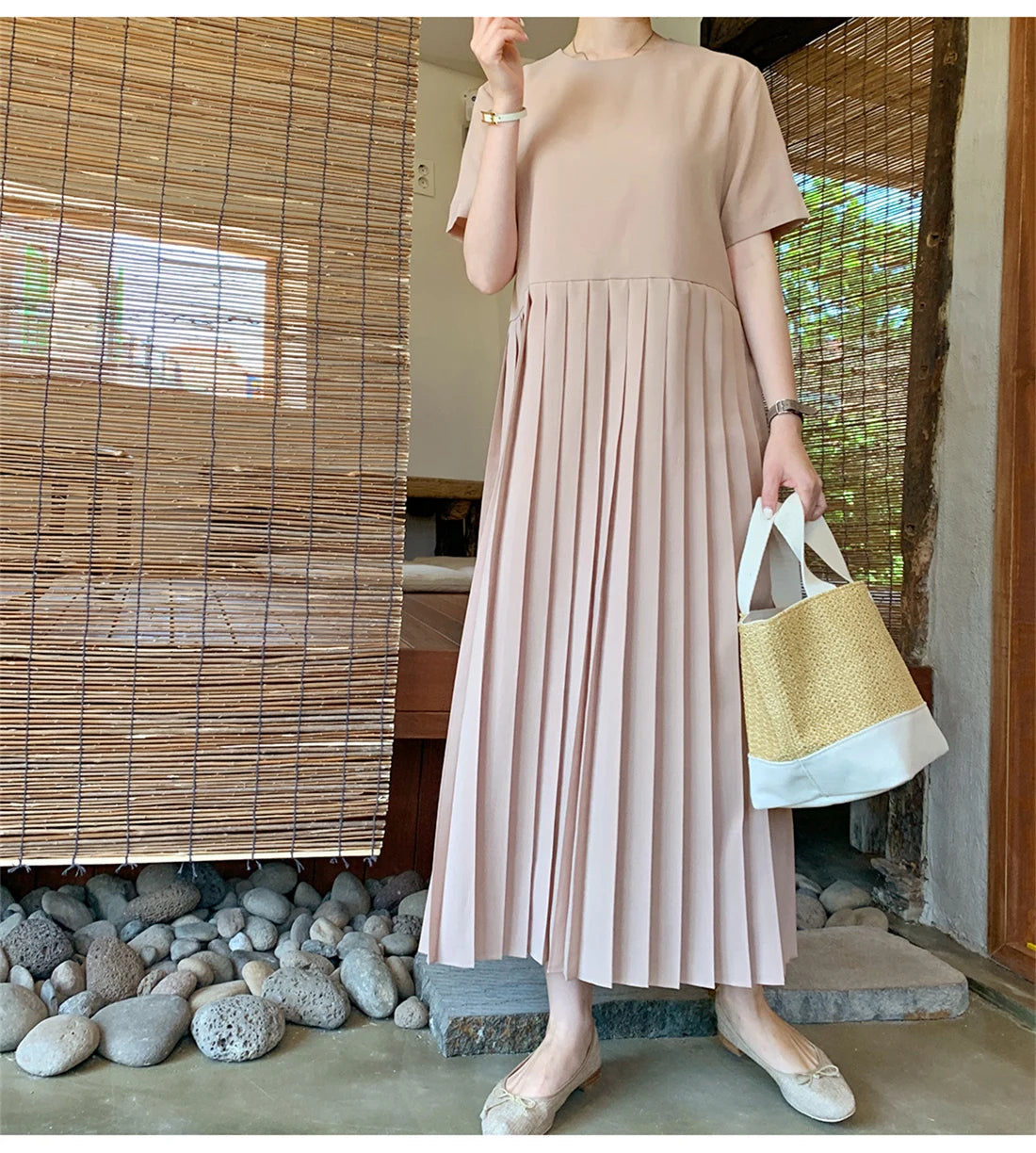Elegant Short Sleeve Midi Dress for plus Size Women Summer Loose Slimming T-Shirt Long Skirt High Waist Pleated Dress