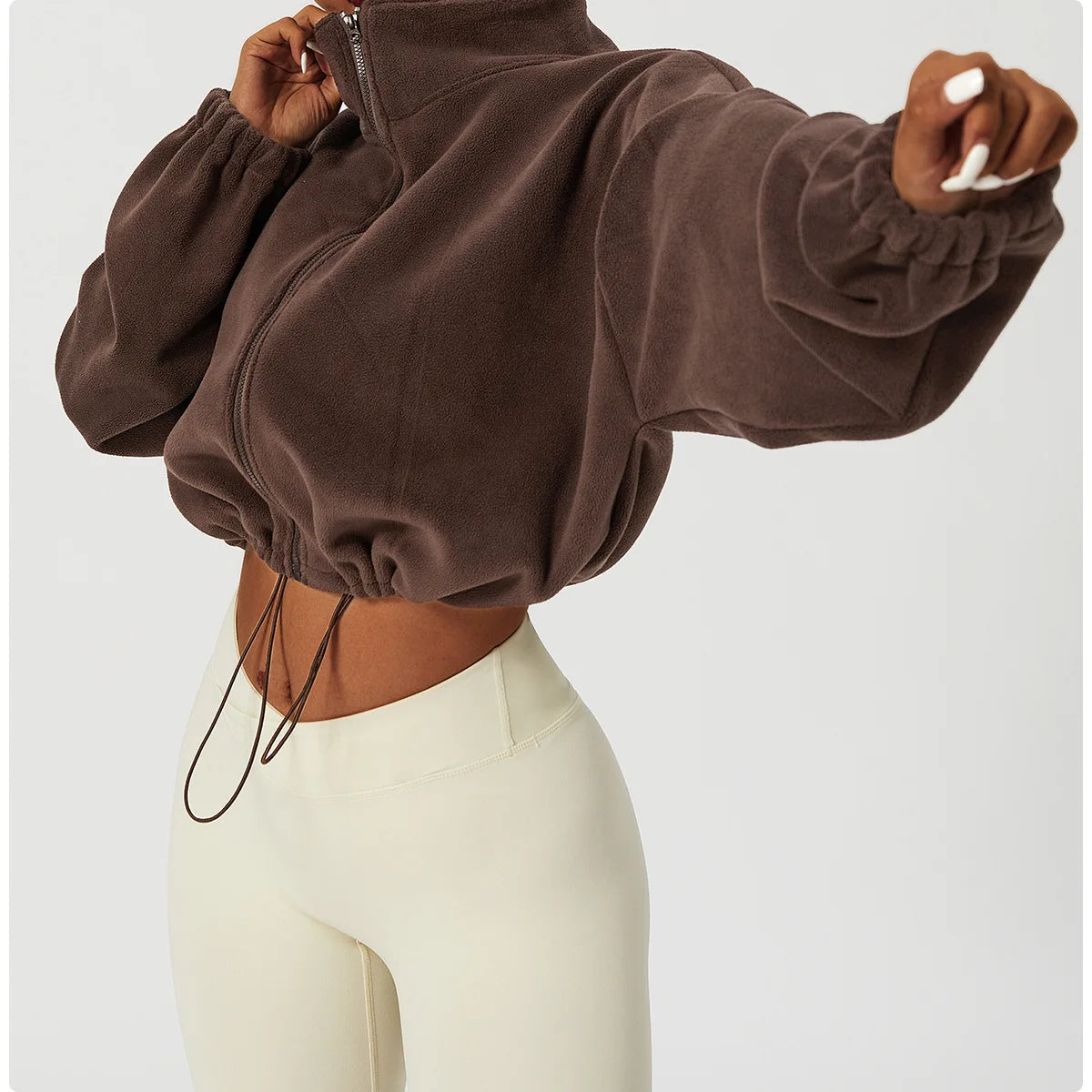 Loose Stand Collar Fleece Casual Jacket Women's Comfortable Polyester Blend Long Sleeve Zipper Closure Fashionable Sweatshirt