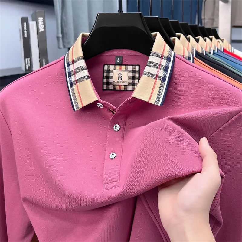 Fashion silk cotton long sleeve polo shirt men's autumn luxury brand simple comfortable new business and leisure lapel T-shirt