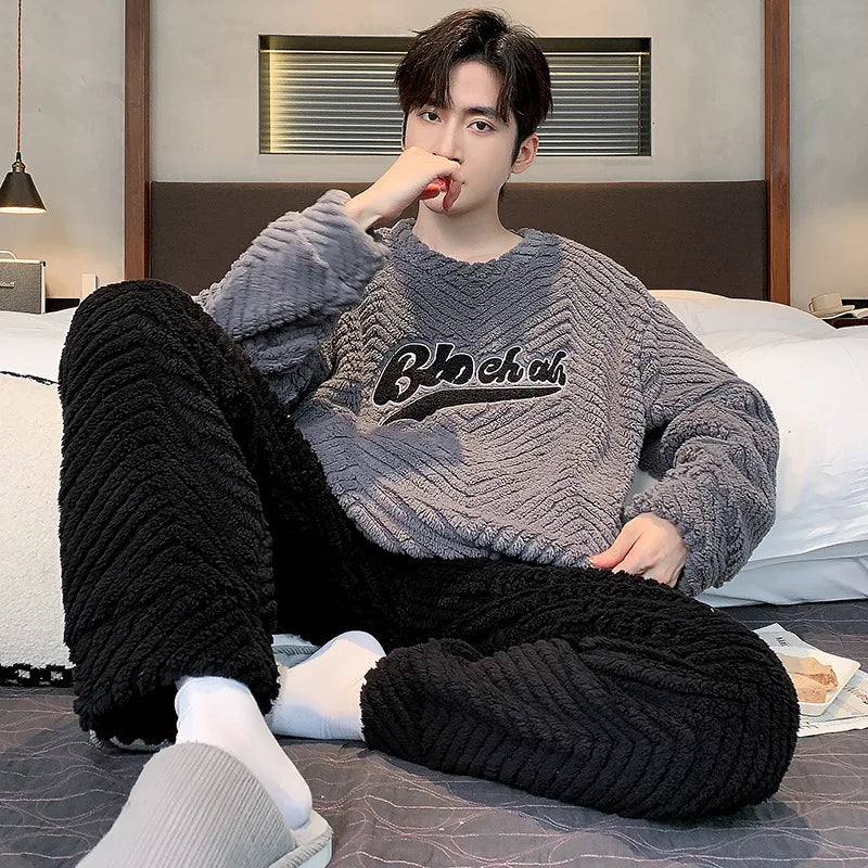 Thickened Warm Sleepwear for Winter Coral Velvet Autumn and Winter Men Flannel Loungewear Large Size 2 Piece Set Homewear