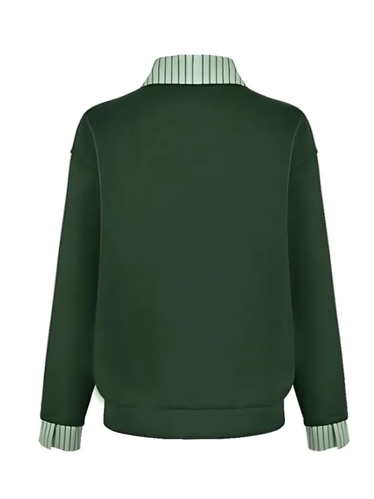 Women's solid-color long-sleeve polo shirt with color-block collar design stylish and casual knitted top for spring and summer