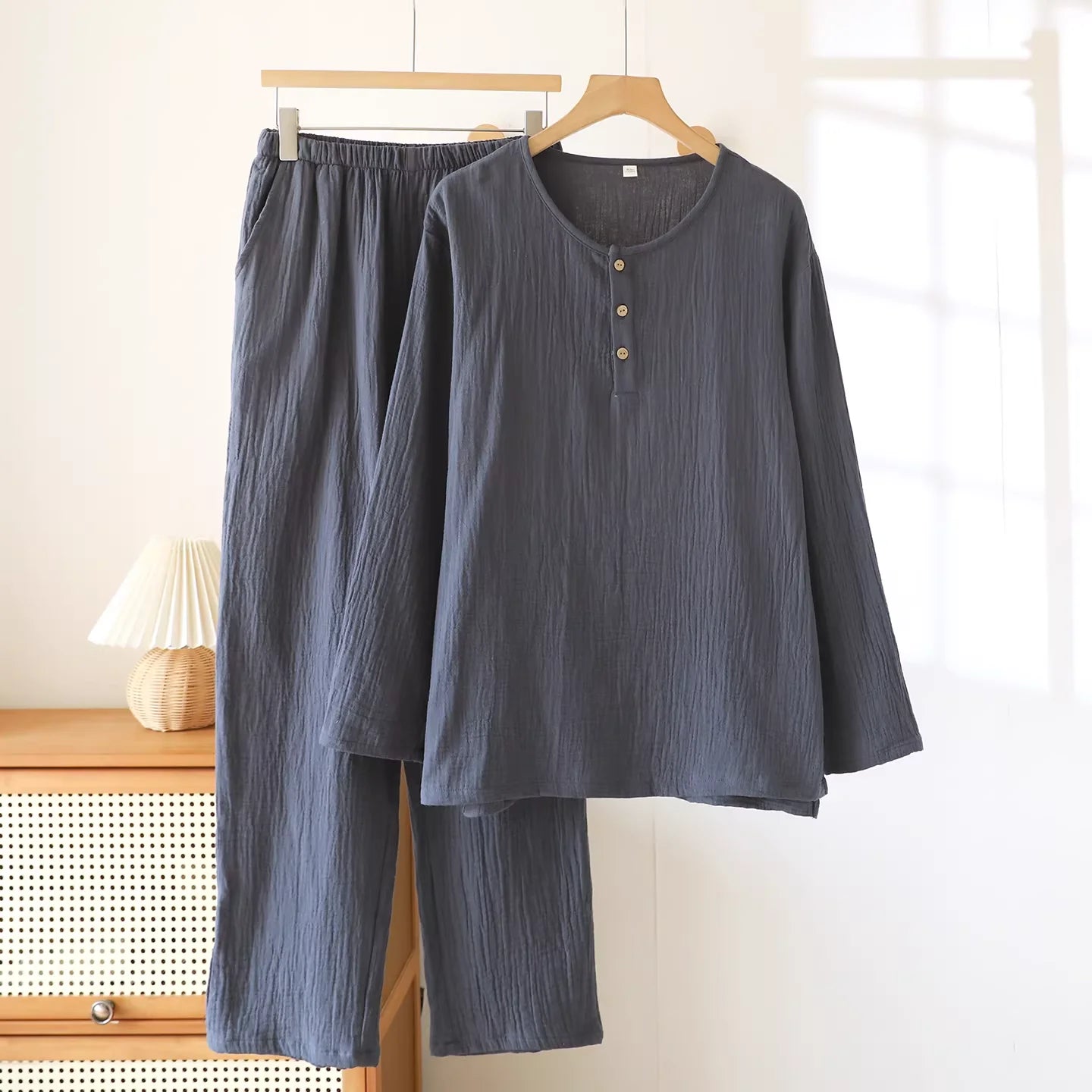 100% Pure Cotton Sleepwear Long Sleeve round Neck Hooded Home Clothes Set for Men Double Layer Gauze Spring Autumn New Style